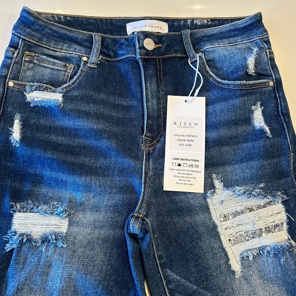 RISEN Jeans, size 9/29, Medium Wash, Silver Sequined Patches Behind Distressing - Picture 3 of 5